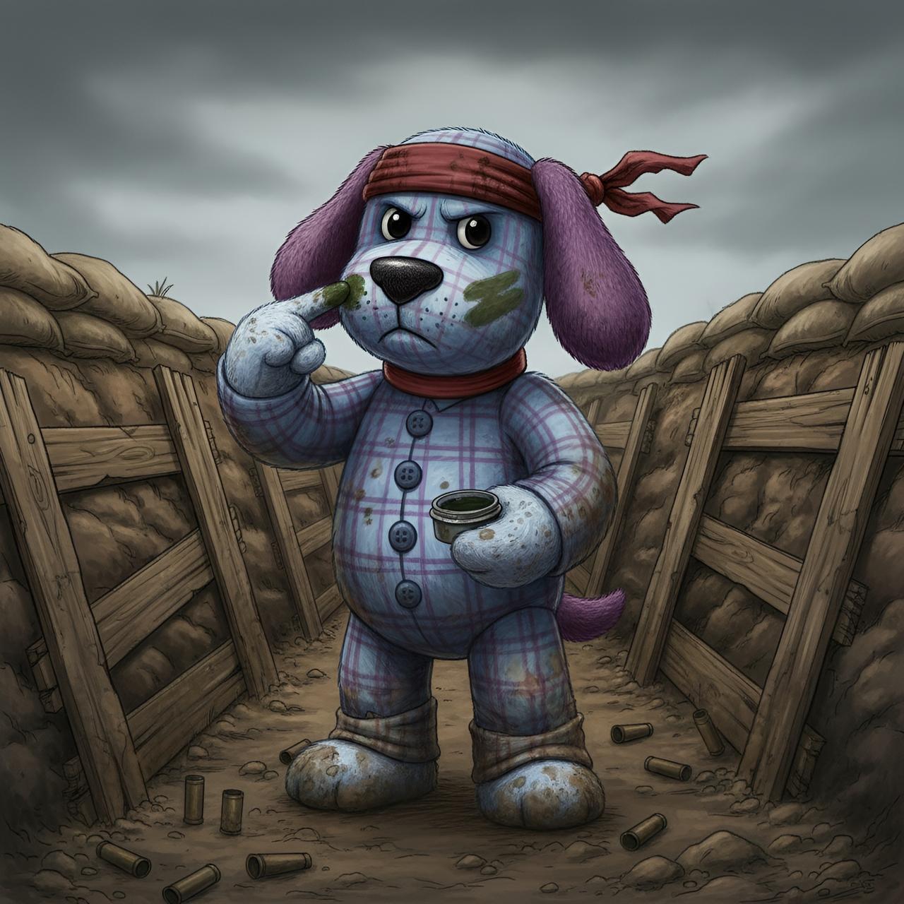 Sam Dog in trench with coffee