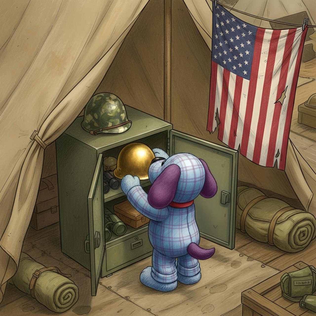 Sam Dog in military tent